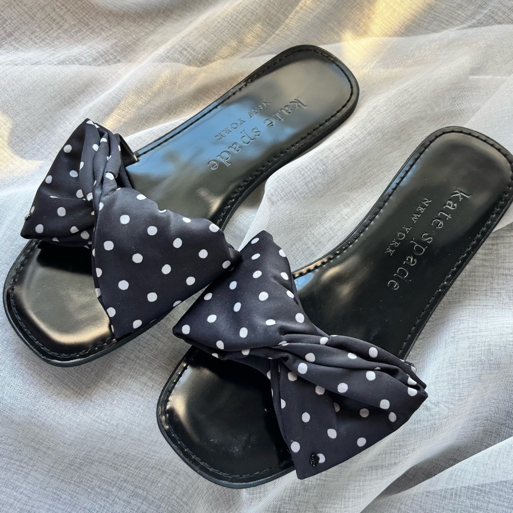 Kate Spade Polka Dot Bow Slide Sandals Black White Size 9